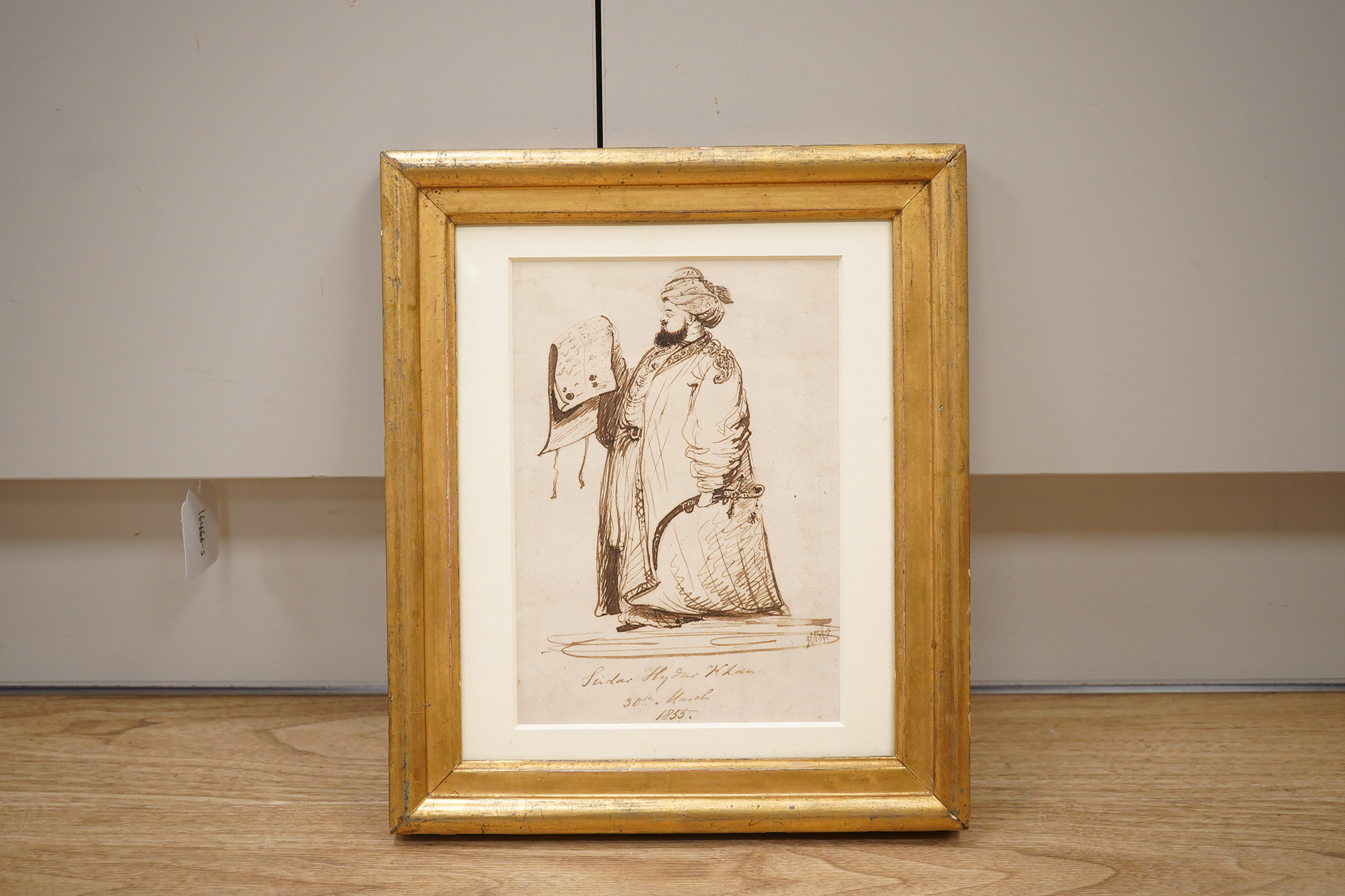 Mid 19th century School, ink, Full length portrait of Sidar Hydur Khan, indistinctly monogrammed and dated 30th March 1855, 23 x 15cm. Condition - good